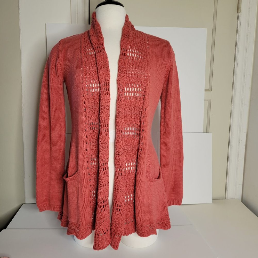 Angel of the North, Deep Orange Knit w Crochet Detail Cardigan Sweater, Size M. - Picture 4 of 12